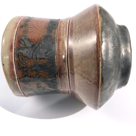 handmade pottery vase raku vessel leaves brown black blue drip 4 inches tall - Picture 13 of 16